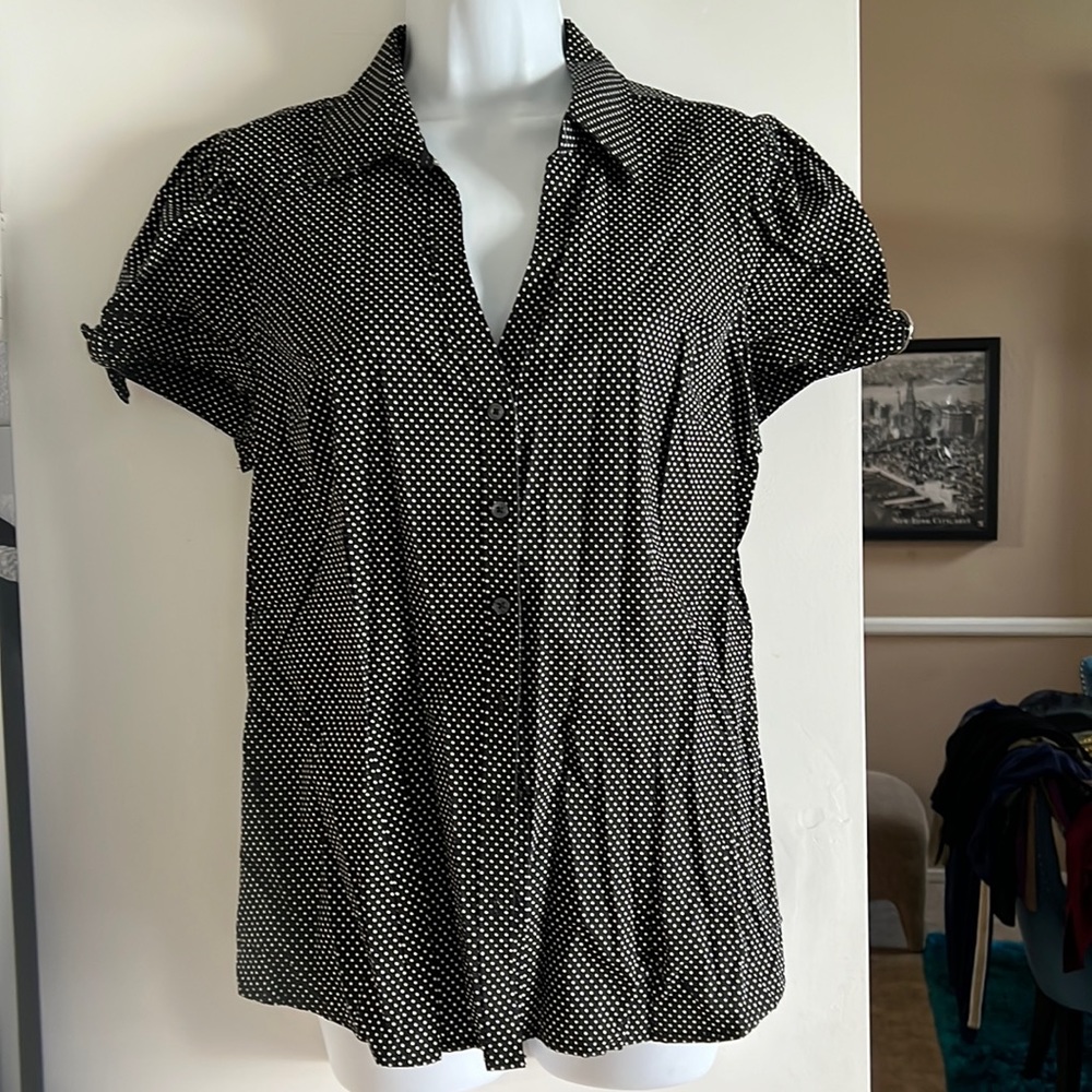 Express NEW TAGS black white polkadot short sleeve button down career blouse top